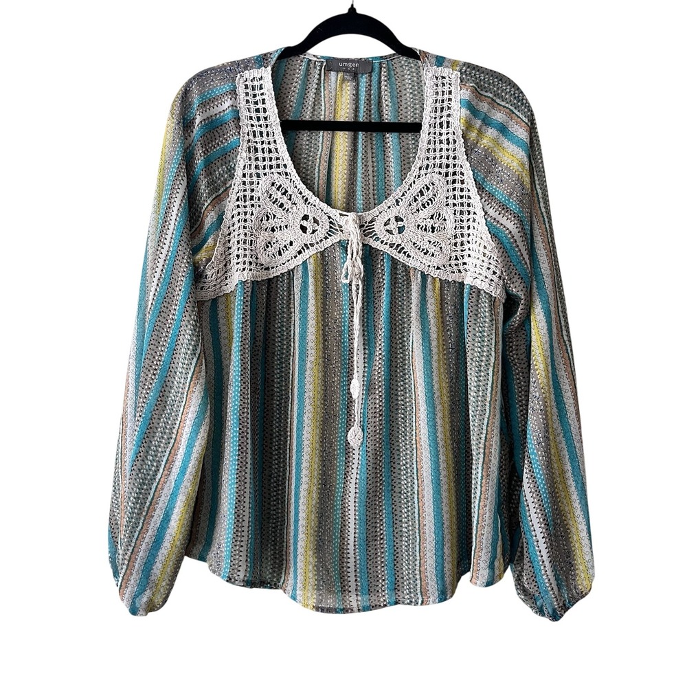 Umgee Peasant Blouse Womens Large Multicolor Crochet Lace Tie Front C6305 L
